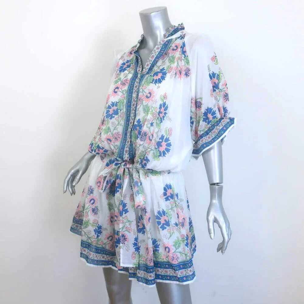 Juliet Dunn Blouson Tie-Waist Mini Dress White Rose Border Print Cotton Size 2 - Picture 2 of 7